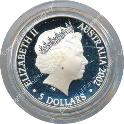 Australia 2002 Silver proof 5 Dollar Queen Mother coin ob