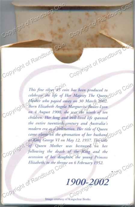 Australia 2002 Silver proof 5 Dollar Queen Mother cover rev