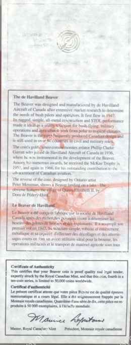 Canada_1991_Silver_20_Dollar_Beaver_de_Havilland_Cert_rev