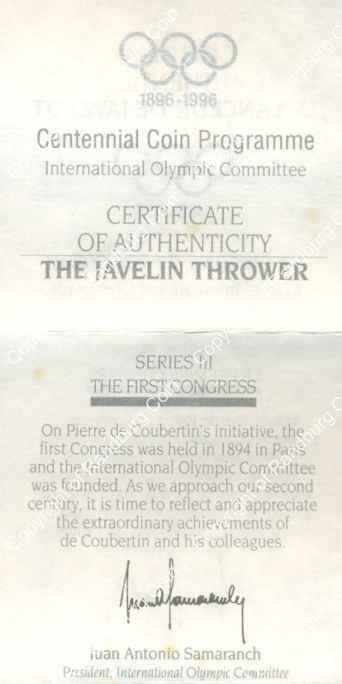 France_1996_Olympic_Centennial_silver_100_Francs_Javelin_thrower_cert_ob.jpg