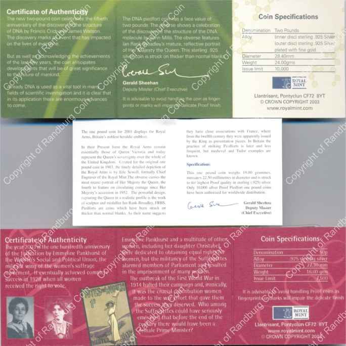 GB 2003 Silver Proof Piedfort 3 coin Collection certs rev