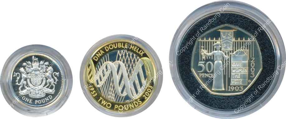 GB 2003 Silver Proof Piedfort 3 coin Collection coins rev