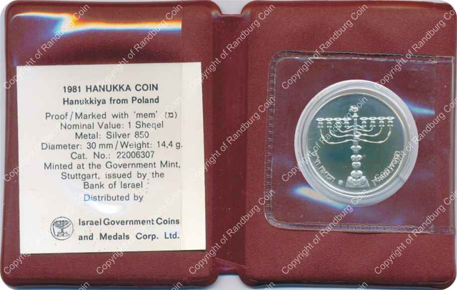 Israel 1981 silver 1 Sheqel Proof Hanukkiya from Poland inob