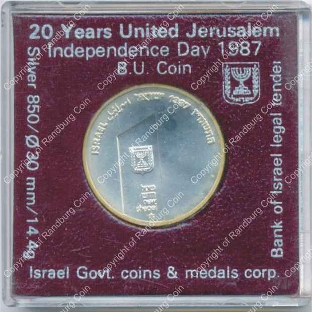 Israel 1987 silver 1 Sheqel BU 20 Years United Jerusalem ob
