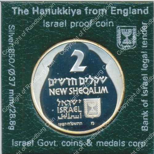 Israel 1987 silver Proof 2 New Sheqalim Hanukkiya from England ob