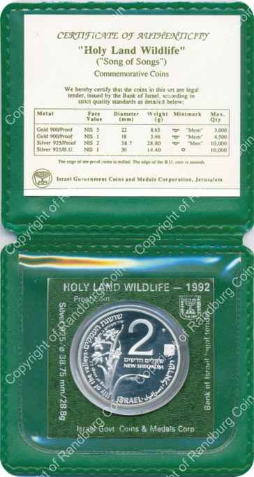 Israel 1992 silver Proof 2 New Sheqalim Holy Land Wildlife inob
