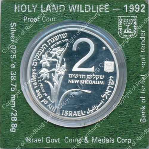 Israel 1992 silver Proof 2 New Sheqalim Holy Land Wildlife ob