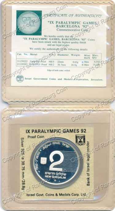 Israel 1992 silver Proof 2 New Sheqalim IX Paralympic Games inob