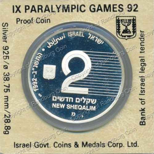 Israel 1992 silver Proof 2 New Sheqalim IX Paralympic Games ob
