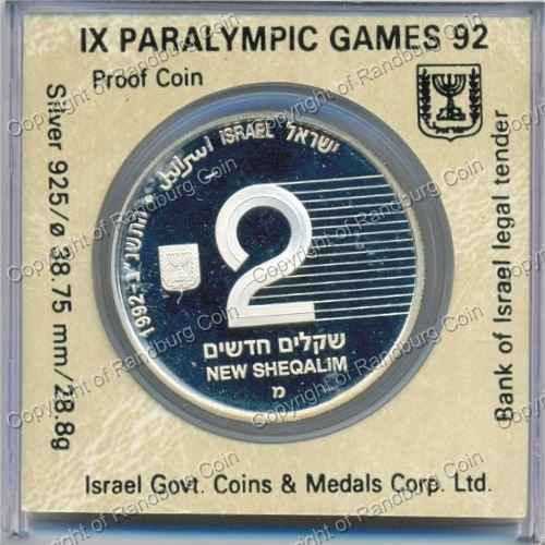 Israel 1992 silver Proof 2 New Sheqalim IX Paralympic Games plastic ob