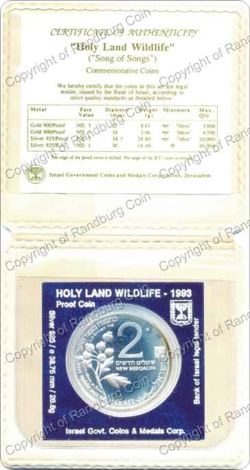 Israel 1993 silver Proof 2 New Sheqalim Holy Land Wildlife inob