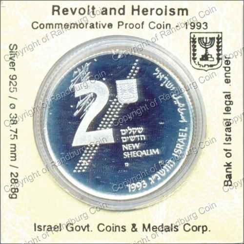 Israel 1993 silver Proof 2 New Sheqalim Revolt and Heroism ob