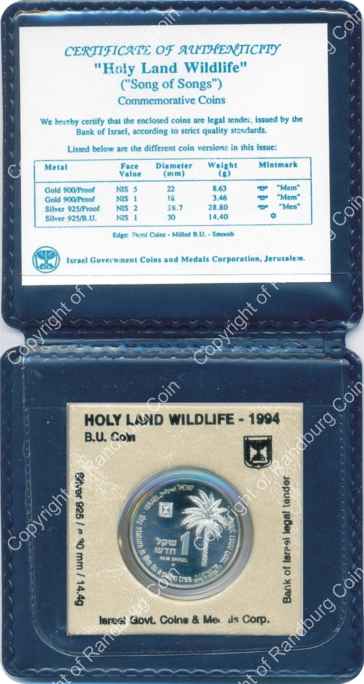 Israel 1994 silver 1 New Sheqel BU Holy Land Wildlife inob