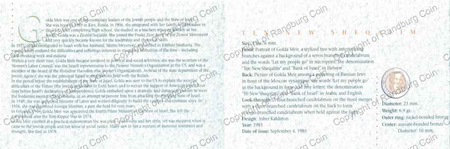 Israel 1995 Golda Meir 10 New Sheqalim coin and note set certr