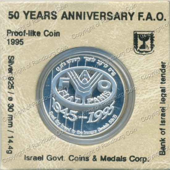 Israel 1995 silver 1 New Sheqel PL FAO 50th Anniversary ob