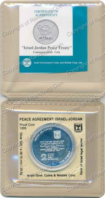 Israel 1995 silver Proof 2 New Sheqalim Peace Treaty inob