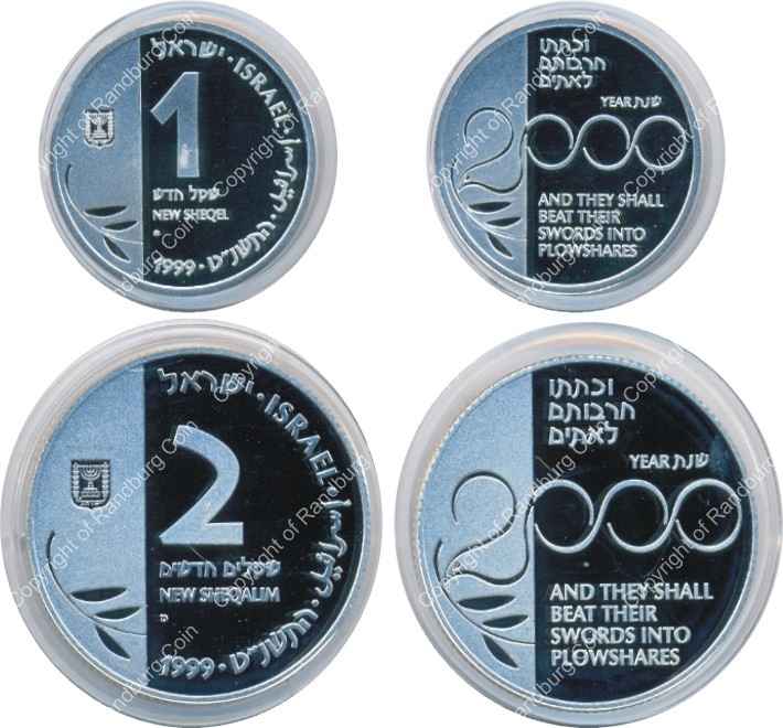 Israel 1999 Silver 1 and 2 Sheq set Millenium 2000 all