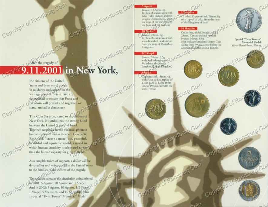 Israel 2001 02 Uncirculated Coin set Israel Salutes New York ob