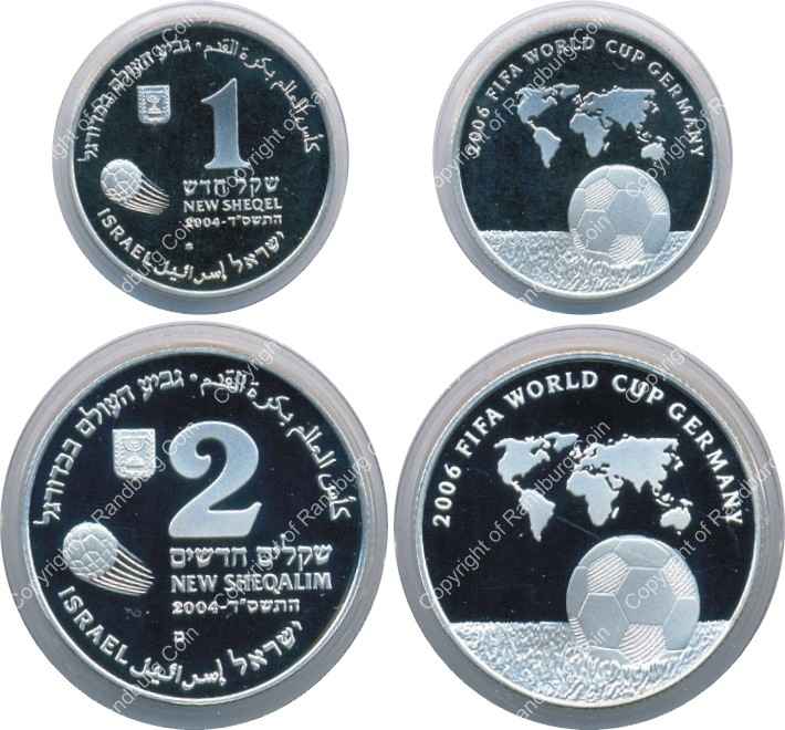 Israel 2004 Silver 1 and 2 Sheq set 2006 FIFA World Cup all