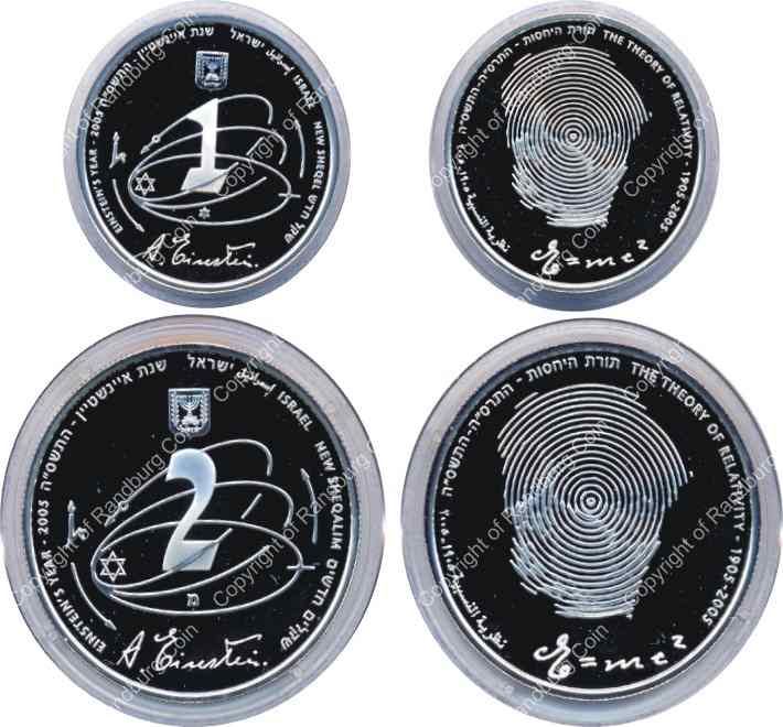 Israel 2005 Silver 1 and 2 Sheq set Einsteins Year all
