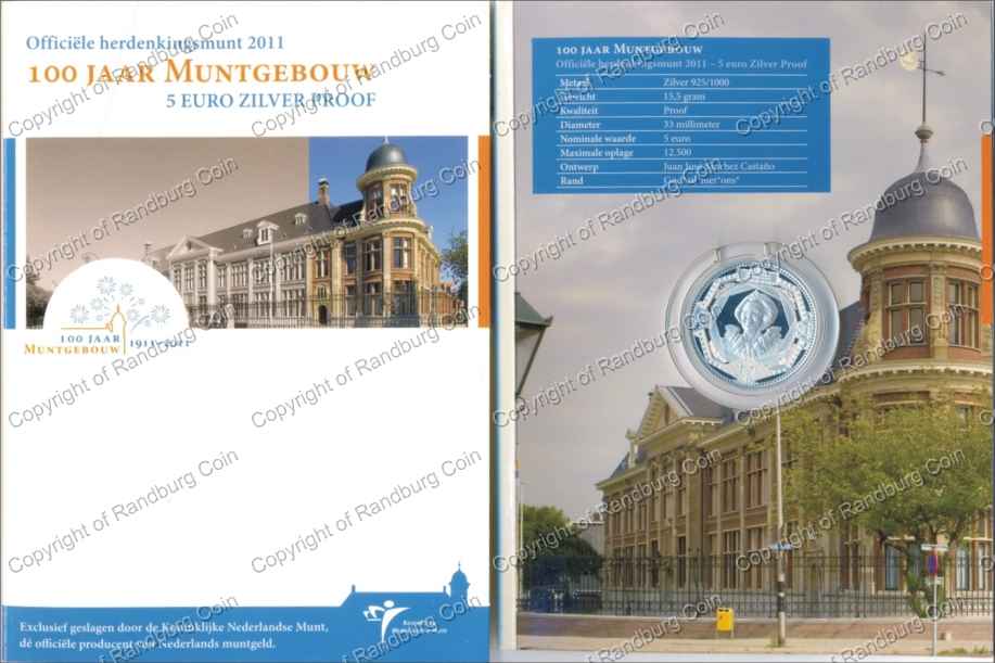 Netherlands 2011 Silver Proof 5 Euro Muntgebou 100 Years ob