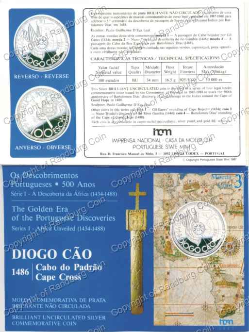 Portugal 1987 Africa Unveiled Cape Cross Silver 100 Escudos cover