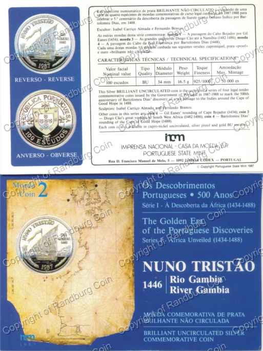 Portugal 1987 Africa Unveiled River Gambia Silver 100 Escudos cover