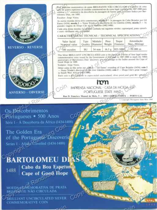 Portugal 1988 Africa Unveiled Cape of Good Hope Silver 100 Escudos cover
