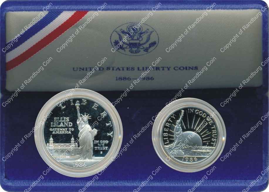 USA 1986 Liberty Half dollar and Silver Dollar box ob